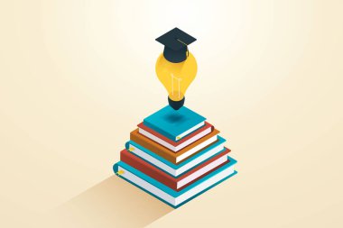Akademik bir şapka ve kitap yığınına koymak için bir lambayla işletme fikirleri oluşturulmasına yardımcı olacak yüksek öğrenim veya akademisyenler. Vektör illüstrasyonu.