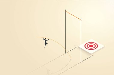 İş kadını, hedeflerine veya başarılarına ulaşmak için sırıkla atlama, kariyer ilerlemesi, motivasyon ve hırsla zorlukların üstesinden geliyor. Vektör illüstrasyonu.