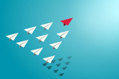 Kırmızı kağıttan uçak liderleri bir grup beyaz uçağa önderlik ediyor. Takım işleri ve organizasyonları içindeki liderlik yönetimini göster. Vektör illüstrasyonu.