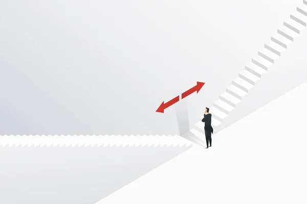 ビジネスマンは階段を上る方向を選択するのを混乱させる アイソメトリックコンセプトイラストベクトル — ストックベクタ