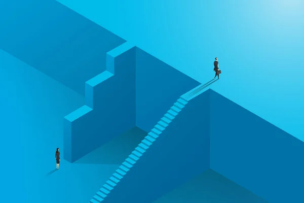 İş kadını ve iş kadını arasında farklı yükselen kariyer fırsatları ve engellerde eşit olmayan iş fırsatları. Vektör illüstrasyonu.