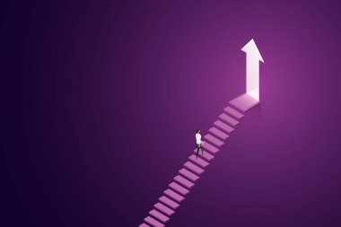 İlerleme başarısı, kariyer gelişimi hedefleme, iş kadını merdivenlerden çıkıp aydınlatılmış oka çıkıyor. izometrik vektör çizimi.