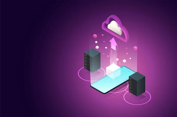 Pemrosesan Data Melalui Cloud Data Server Pusat Untuk Penyimpanan Daring - Stok Vektor