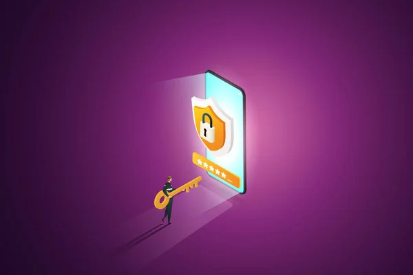 Bilgisayar korsanı elinde bilgisayar korsanlarının online veri sızma ya da kişisel bilgileri çalma tehlikesi olan bir anahtar tutuyor. Mor arka plan. izometrik vektör çizimi.