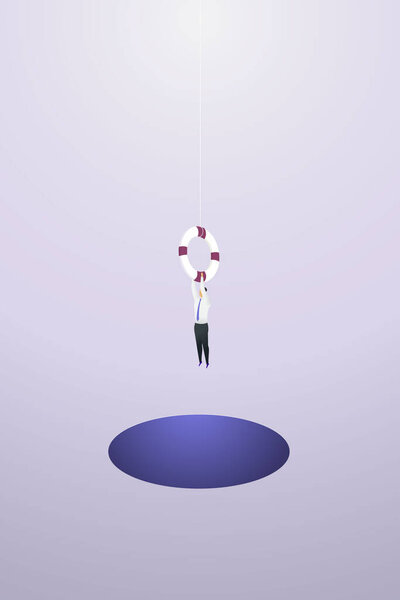 Businessman is saved from a big hole. Businessman gets a lifebuoy pulled from a pit. Help, support, help businesses survive. isometric vector illustration.