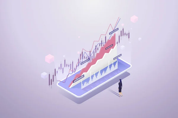 Zakenvrouw Zoek Grafiek Financiële Grafiek Investering Diagram Financiële Data Analyse — Stockvector