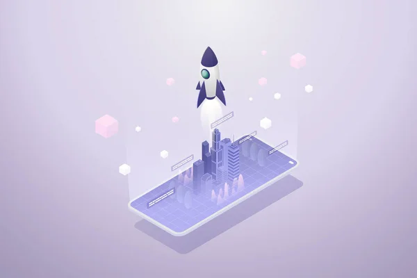 Rocket Virtual City Smartphone Experience Metaverse Limitless Virtual Reality Technology — Stockvektor