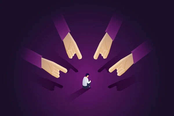 Depresyondaki çocuklar ağlar ve diz çökerler zorbalıktan ve zorbalıktan. Etrafı insanlarla çevrili çocuk onu işaret etti. izometrik vektör çizimi.