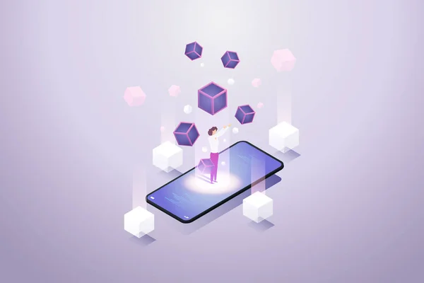 Woman Stands Smartphone Experiences Blockchain Technology Future Technology Concept Blockchain — 图库矢量图片