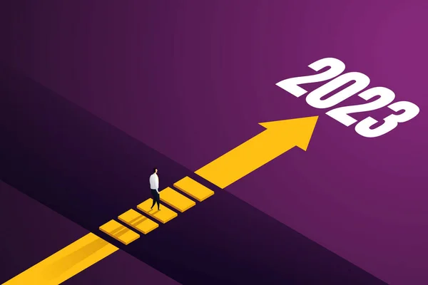İş adamlarının diğer taraftaki boşluktan geçmeleri için fırsatlar, 2023 izometrik vektör illüstrasyonunun hedeflerinin iş başarısına engel oluyor..
