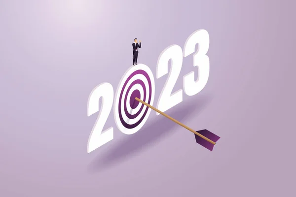 Başarılı Bir Işadamı 2023 Yılı Hedeflerine Ulaşırken Okçuluk Hedefi Mücadelesi — Stok Vektör