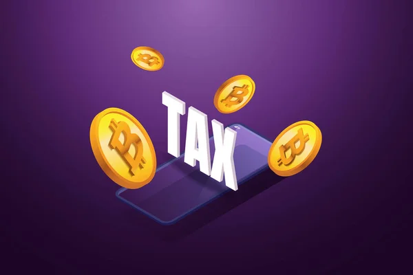 Vergi dairesi akıllı telefonunun önünde yüzen bitcoin paralar. Kâr veya kâr fikirlerinden vergi ödeyen kripto para birimleri. izometrik vektör çizimi.
