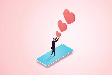 İş adamı, akıllı telefon ekranı sosyal medya simgeleriyle kalp ikonu gibi pembe bir şey tutuyor. izometrik vektör çizimi.