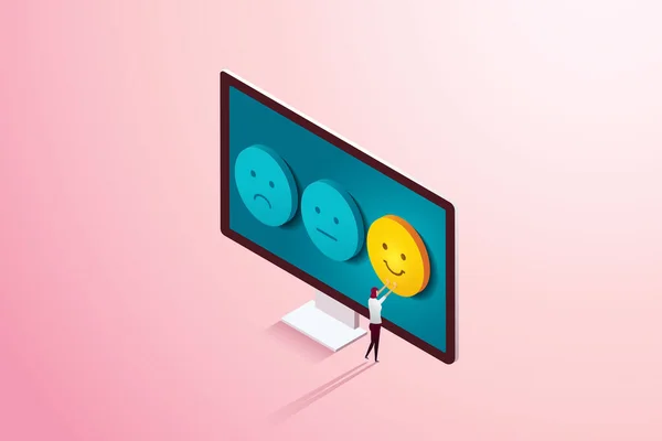 Customer Chooses Happy Face Emoticon Customer Experience Rating Satisfaction Survey — Stock Vector