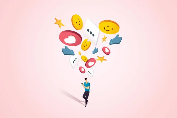 Gençler internetten sosyal medya iletişim platformlarını kullanıyor. Cep telefonuyla sosyal medya iletişimi, emoji. izometrik vektör çizimi
