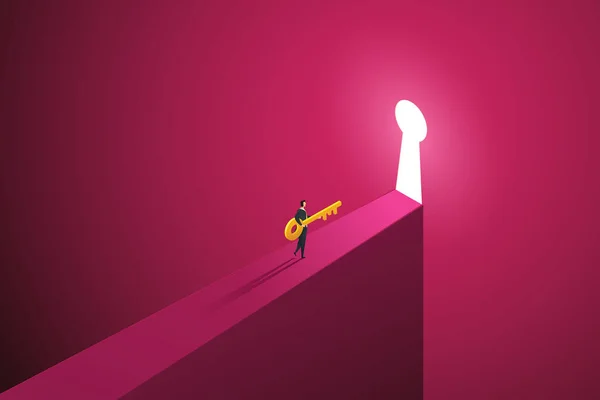 大きなダークピンクの壁に輝く鍵穴まで歩くキーを持つビジネスマン コンセプトビジネスチャンスと将来の課題 等角ベクトル図 — ストックベクタ