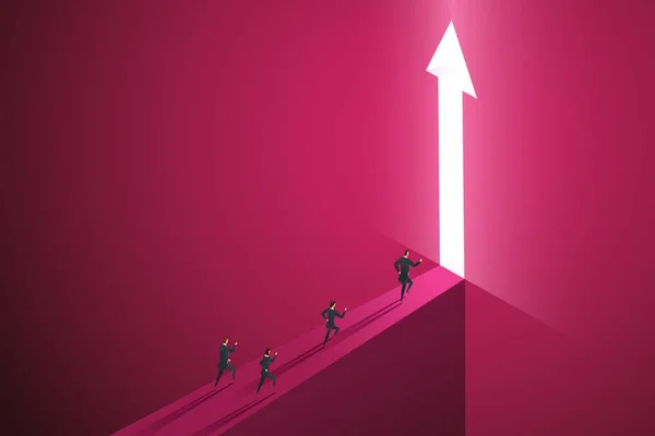 Group businesspeople run go to front of bright big shining arrow in the wall darke pink of the hole at light falls. isometric vector illustration.