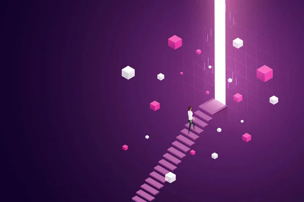 İş kadını merdivenlerden yukarı çıkıyor. Blockchain Teknoloji 'ye giden büyük ışıklı kapıya basıyor. Geleceğin teknolojisi. izometrik vektör çizimi.