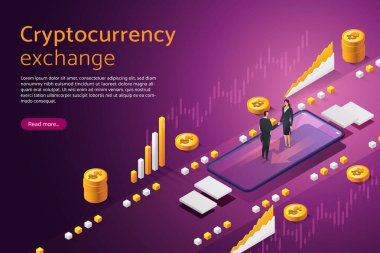 İşkadını ile iş adamı akıllı telefonla dijital para alışverişinde bulunuyor. Şifreli para değişimi bitcoin, finansal teknoloji. izometrik vektör çizimi.