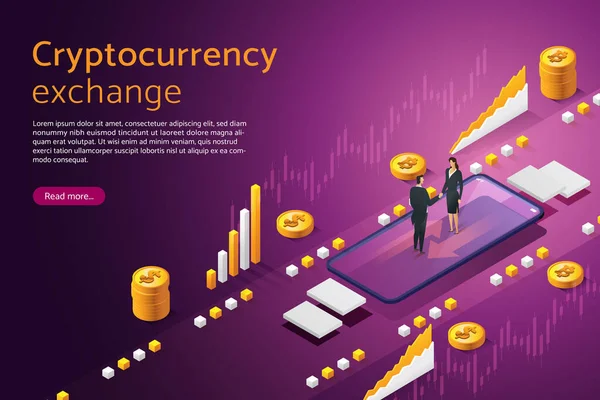İşkadını ile iş adamı akıllı telefonla dijital para alışverişinde bulunuyor. Şifreli para değişimi bitcoin, finansal teknoloji. izometrik vektör çizimi.