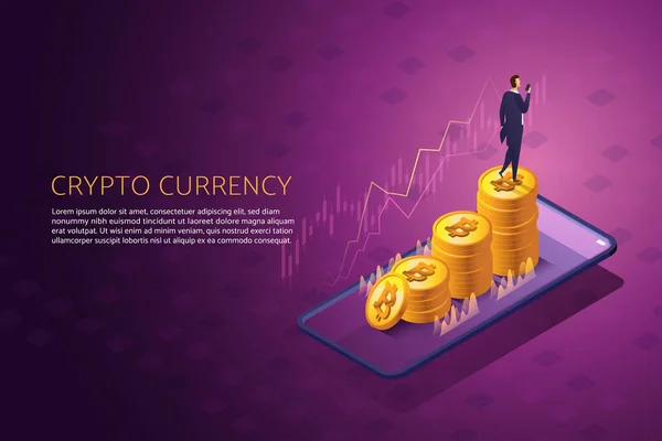 İşadamı Cep Telefonu Kullanıyor, Bitcoin Sikkeler Üzerinde Yürüyor, Kripto Para Yatırımları Borsaya Yatırım Yapıyor ve Kripto Para Satıyor. izometrik vektör çizimi.