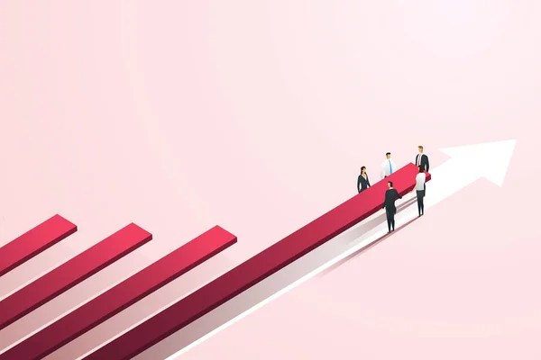 团队业务人员在粉色背景下升起红色条形图 在财务和商业上成长 等距矢量图解 — 图库矢量图片