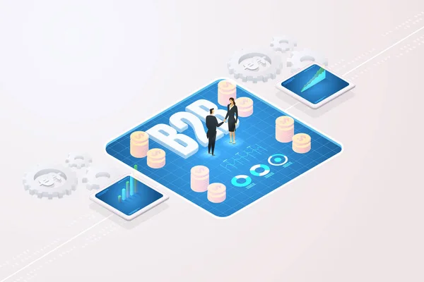 İş adamları B2B İş-İş-Satma Teknolojisi Pazarlama İnternet ve Ağ İş Veri Analizi 'nde el sıkışıyor. İzometrik vektör illüstrasyonu