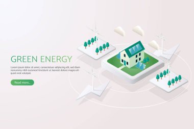 Güneş panelleri güneş enerjisi ev çatısı ve yel değirmeni temiz enerji ve çevresel olarak sürdürülebilir alternatif enerji üretiyor. izometrik vektör çizimi.