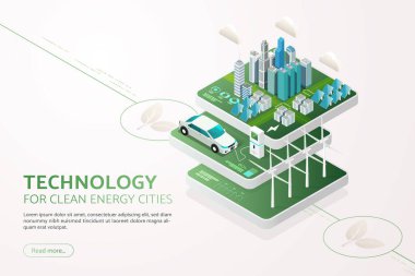 Yeşil şehir güneş panelleri ve rüzgar türbinleri ile elektrik üretir Temiz enerji EV araba şarj alternatif enerji enerji enerji enerji teknolojisi şehir. izometrik vektör çizimi.