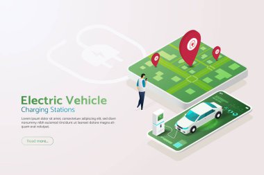 Elektrikli araçlar için şarj istasyonu, bir EV şarj istasyonu bul, akıllı telefondan şarj edilen araba siparişi ver. izometrik vektör çizimi.