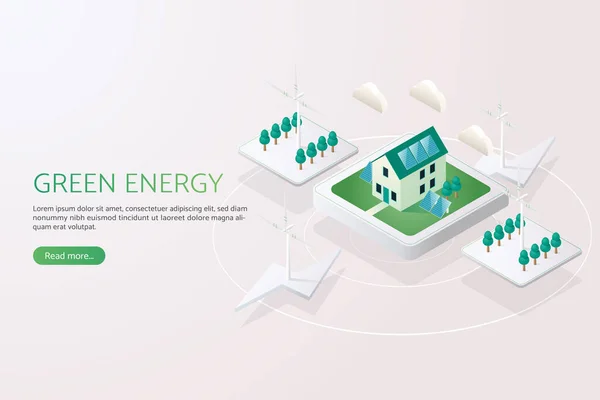 Stromerzeugung Mit Sonnenkollektoren Solarenergie Hausdach Und Windmühle Saubere Energie Und — Stockvektor