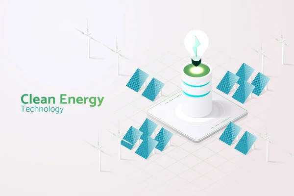 Stromerzeugung Mit Sonnenkollektoren Sonnenenergie Und Windturbinen Saubere Energie Und Umweltfreundliche — Stockvektor