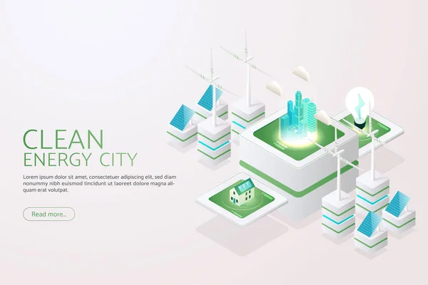 Cidade Verde Gera Eletricidade Com Painéis Solares Turbinas Eólicas Energia —  Vetores de Stock
