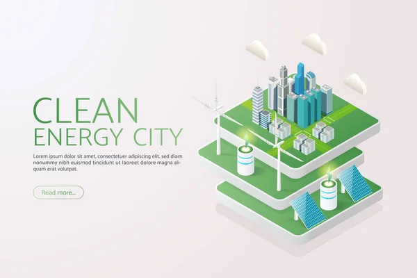 Green City Erzeugt Strom Mit Sonnenkollektoren Und Windrädern Saubere Energie — Stockvektor