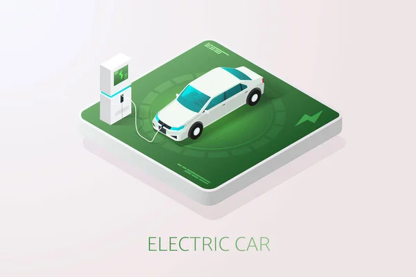 Tecnologia Carro Carro Elétrico Carregue Bateria Estação Carregamento Energia Limpa — Vetor de Stock