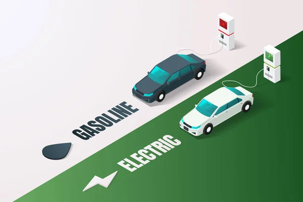 Ladestation Für Elektrofahrzeuge Gegen Tankstelle Für Benziner Isometrische Vektorabbildung — Stockvektor