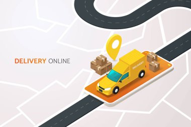 Teslimat kamyonları ve teslimat kutuları çevrimiçi dağıtım servisi harita arkaplanda ve yolda cep telefonu ekranında. izometrik vektör çizimi