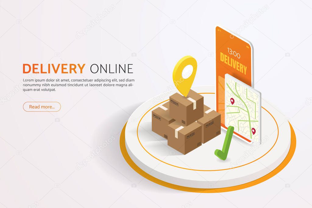 Online delivery service and fast delivery tracking maps via mobile, landing pages, banners on white background. isometric vector illustration.