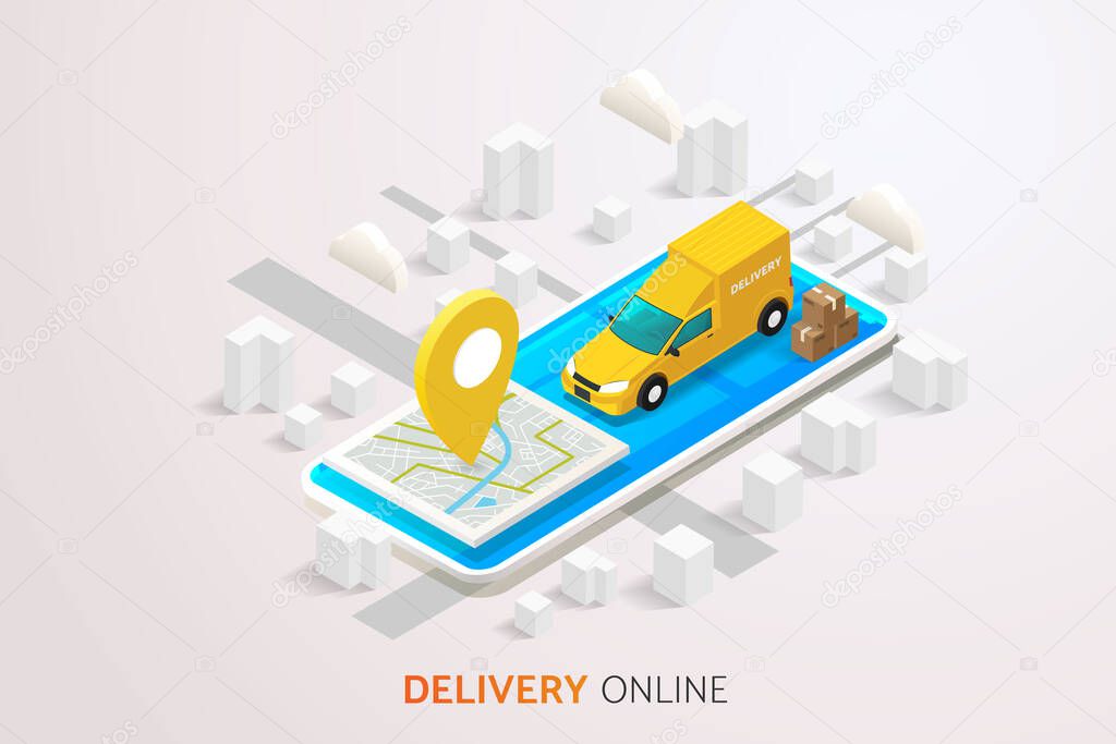 Delivery trucks and delivery boxes Online delivery service on mobile phone screen on map background and road. isometric vector illustration