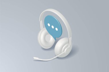 Mikrofonlu kulaklıklar, konuşma balonu sohbet ikonu, müşteri danışma servisi, beyaz gri arka plan. 3B izometrik vektör çizimi