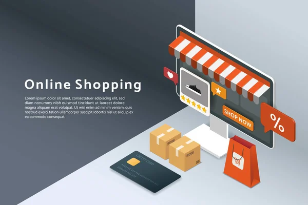 Online Shopping Computer Monitor Online Store Discount Paper Bags Parcel — Vector de stock