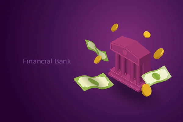 Bank Building Icon Coins Paper Banknotes Floating Out Purple Background — Image vectorielle