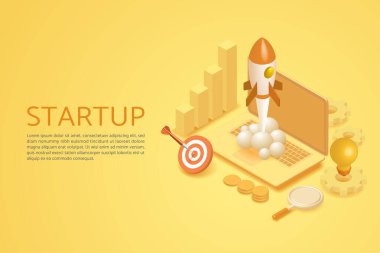 Startup Business geliştirme, dizüstü bilgisayardan yükselen uzay roketi, sarı arka planda infografik dart tahtası ampulü. 3B izometrik vektör çizimi.