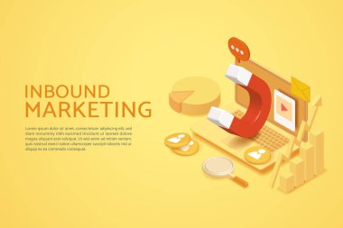 Bilgisayardaki büyük pazarlama mıknatısı online tüketicileri çekiyor. 3B izometrik vektör çizimi.