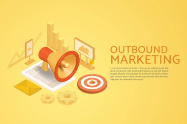 Dış pazarlama, çevrimdışı iş tanıtımı sarı arka planda pazarlama. 3B izometrik vektör çizimi.