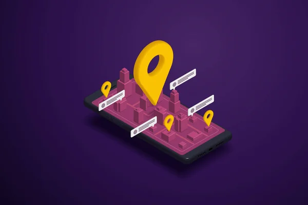 モバイル画面ナビゲーションアプリ 3D都市地図 黄色のピンの場所を指しています Gps技術によるナビゲーション 3D等角ベクトル図 — ストックベクタ