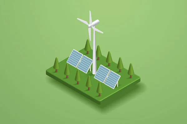Gerar Eletricidade Com Painéis Solares Energia Solar Turbinas Eólicas Energia —  Vetores de Stock