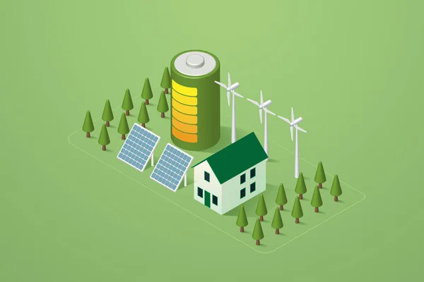 Casa Energia Renovável Verde Com Painéis Solares Turbinas Eólicas Energia —  Vetores de Stock