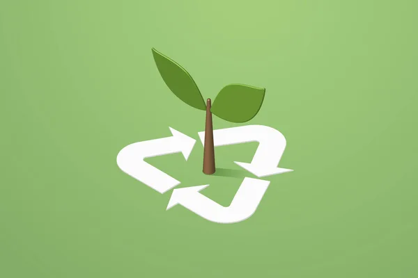 リサイクルシンボルと緑の背景に緑の木の苗木 等角ベクトル図 — ストックベクタ