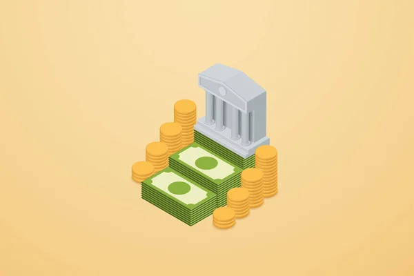Bankgebouw Iconische Papieren Bankbiljetten Met Munten Een Gele Achtergrond Isometrische — Stockvector